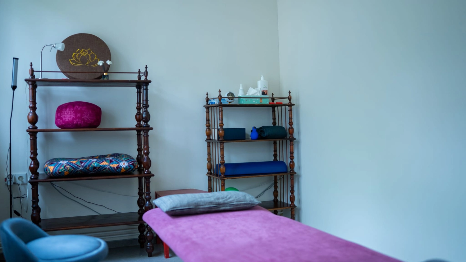 Physiotherapie Balance - Physiotherapie - In einem Raum mit zwei hölzernen Regalen, die mit Wellnessartikeln bestückt sind, steht eine Massageliege mit lila Bezug und grauem Kissen.